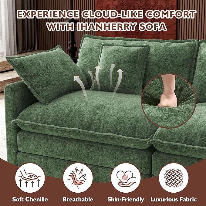 Ihanherry 114" V-Shaped Modern Sofa Modular Sectional Cloud Couch with Corner Section, 5-Seat Chenille Deep Seat Sofa with 5 Pillows for Living Room, Bedroom and Apartment, Green