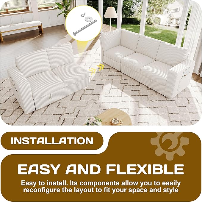 83.5" Sectional Sleeper Sofa with Pull Out Couch, Modern 5 Seat L Shaped Modular Couch, Sectionals Modular Sofa with Storage, Comfy Corduroy Couches Sectional for Living Room & Apartment, Beige