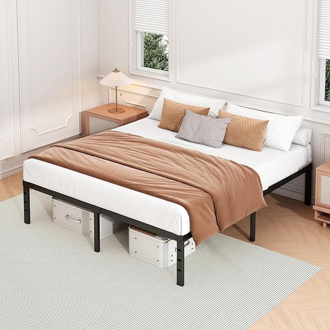 Hafenpo 18 Inch Queen Bed Frame - Sturdy Metal Platform Queen Size, No Box Spring Needed, Heavy Duty, Easy Assembly, Strong Bearing Capacity, Under Bed Storage, Black