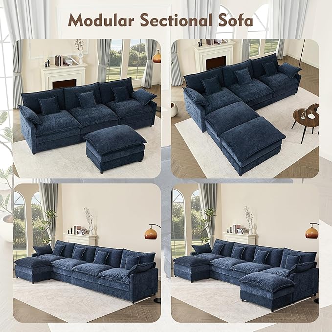 142.5" U Shaped Couch, Modular Sectional Sofa, 3-Seater Comfy Cloud Couch, Set of Modular Pieces with Movable Ottoman, Deep Seat Couches for Living Room, Chenille, Navy