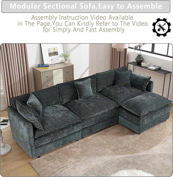 Setawix Deep 3 Seater Couch with Ottoman,112.2" L-Shaped Cloud Couches for Living Room,Chenille Cloud Sofa Couch with Deep Seat,Modular Sectional L Shape 3 Seat Sofa for Bedroom. (Grey, 3+1)