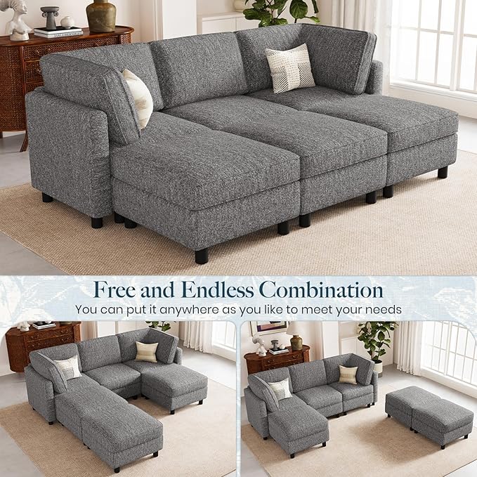 Belffin 84.3" Modular Sectional Sofa 6 Seats Sleeper Sofa Washable Sectional Couches for Living Room Comfy Couches with Storage Seat Couch Sofas with Chaise,Grey