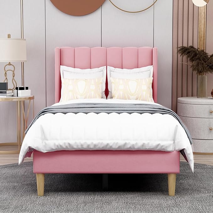 AGARTT Upholstered Platform Bed Frame Twin Size with Headboard and Footboard/Wooden Slats Support/No Box Spring Needed/Easy Assembly,Pink Velvet