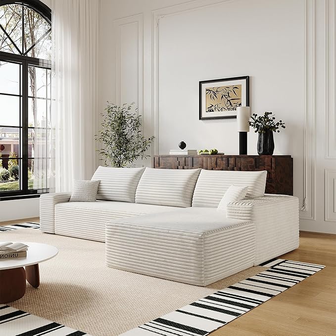 108" Sectional Couches for Living Room Cloud Couch Sofa with L-Shape Upholstered Boneless Couchs Modern Modular Sectional Couch with Chaise (White, 108" Right Facing Chaise+2Seaters)