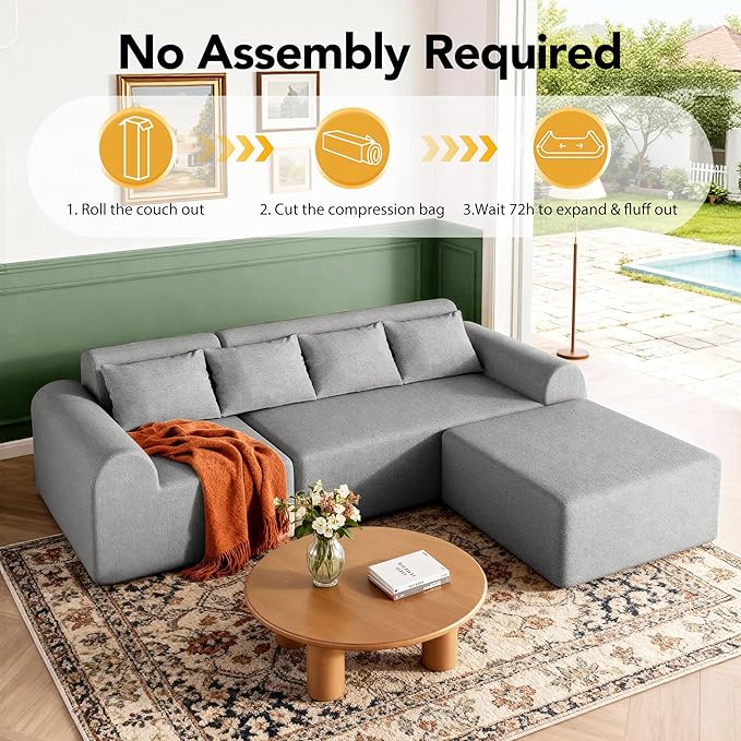 2026 New 105.5”Cloud Boneless Sectional Sofa for Living Room, L-Shaped 4-Seater Modular Couch with Ottoman, 4 Pillows, Deep Seat Chenille Fabric Sofa, No Assembly, 72H Full Restore, Light Grey