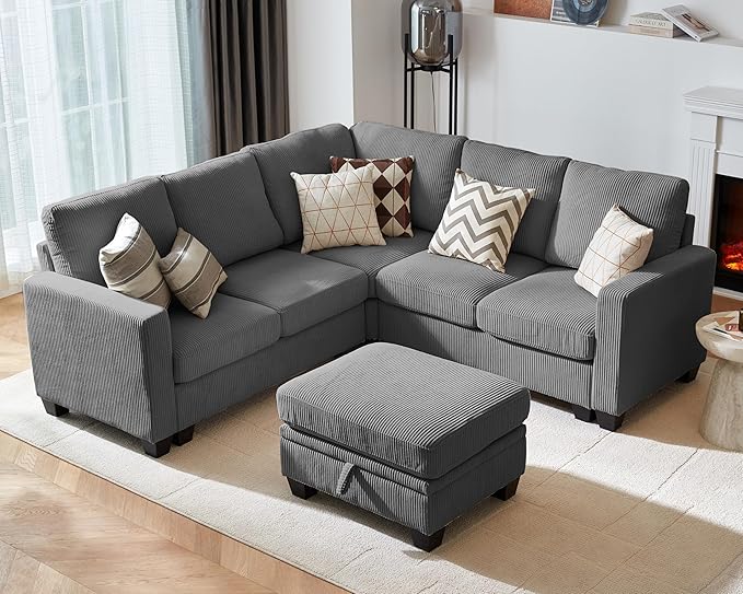 CHIC HOUSE Modular Corner Sectional Sofa with Storage Ottoman, Corduroy L-Shaped Couch, Compact Small Space Furniture for Living Room & Apartment, (Dark Grey, 6 Seater L-Shaped)