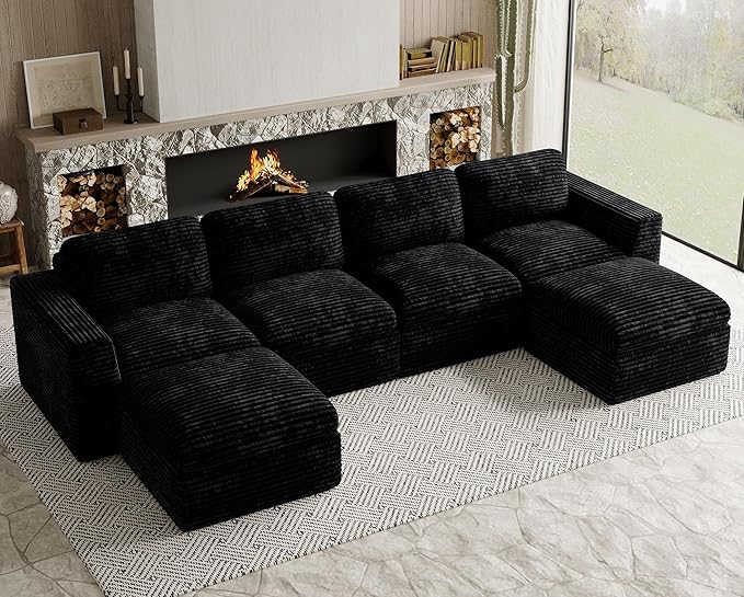 Belffin Boneless Cloud Modular Sectional Sofa with Deep Seat Plush Corduroy U Shaped Cloud Sectional Couches for Living Room No Assembly Required. Black Couch