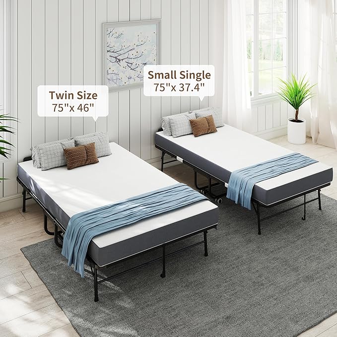 AQY Folding Rollaway Bed with 5" Memory Foam Mattress, 3.15" Lift Adjustable Headboard, 75"x38", Heavy Duty Metal Frame on Wheels, Portable for Adults/Guests, Assembly Required