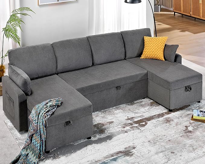 VanAcc Sleeper Sofa, 110 inch Oversize - 2 in 1 Pull Out Bed, Sectional Sleeper Sofa with Double Storage Chaise for Living Room, Grey Linen Couch