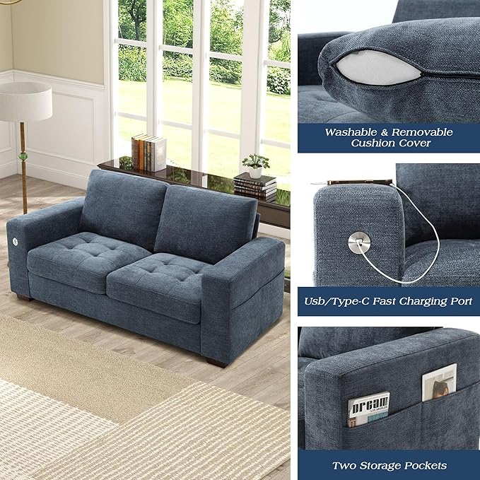 WorthFurni Sofas for Living Room, Chenille Loveseat Couch Set, Small Sofa, 3 Seater Sofa, USB Charging, Removable Sofa Cover,Solid Wood Frame, Easy to Install(70inch,Blue)