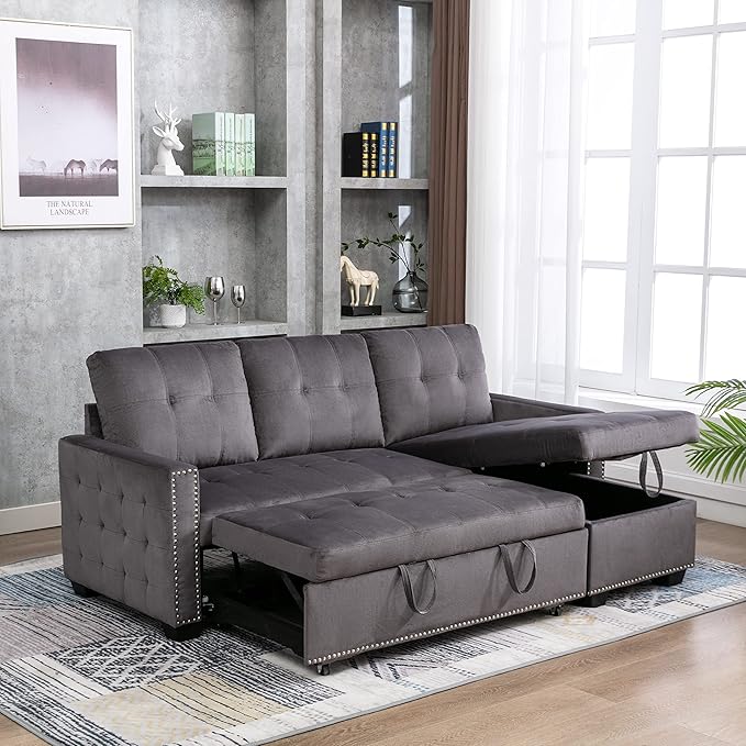 HABITRIO Sectional Sofa with Pull-Out Sleeper Bed, 76.8" Velvet Upholstered 2-Seat Solid Wood Frame Couch & Reversible Storage Chaise Lounge, Modern L-Shaped Corner Sofa for Living Room, Office