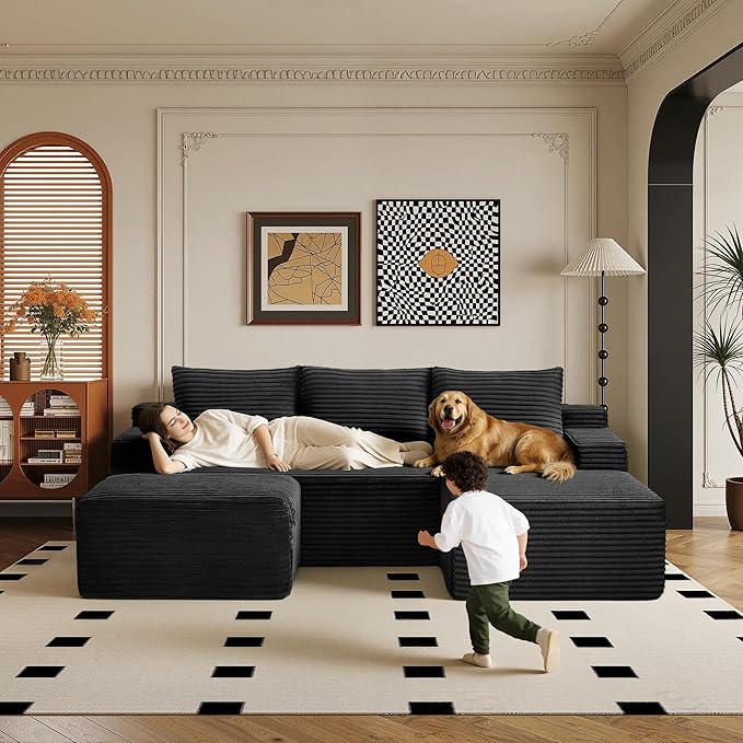 96" Sectional Couches for Living Room Cloud Couch Sofa with L-Shape Upholstered Boneless Couchs Modern Modular Sectional Couch with Chaise (Black, 96" W+Right Facing Chaise+2Seaters+Ottoman)