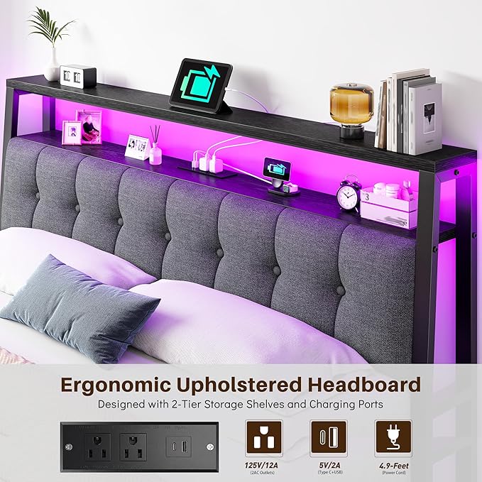 Homkdom King Size Bed Frame with Smart LED Lights, Upholstered Headboard with Charging Station Type C, Metal Platform with 12" Under-Bed &2-Tier Storage Shelves, No Sliding, Noiseless, Black