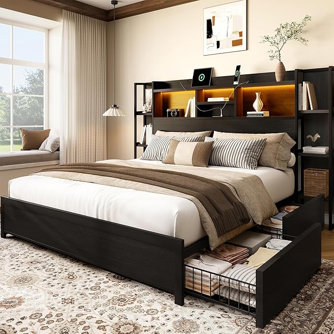 BRELTAM Queen Size Bed Frame with 4 Storage Drawers and Headboard Featuring Shelf Storage, Wooden Platform Bed Frame with LED Lights and Charging Station, Easy Assembly/No Box Spring Needed/Black