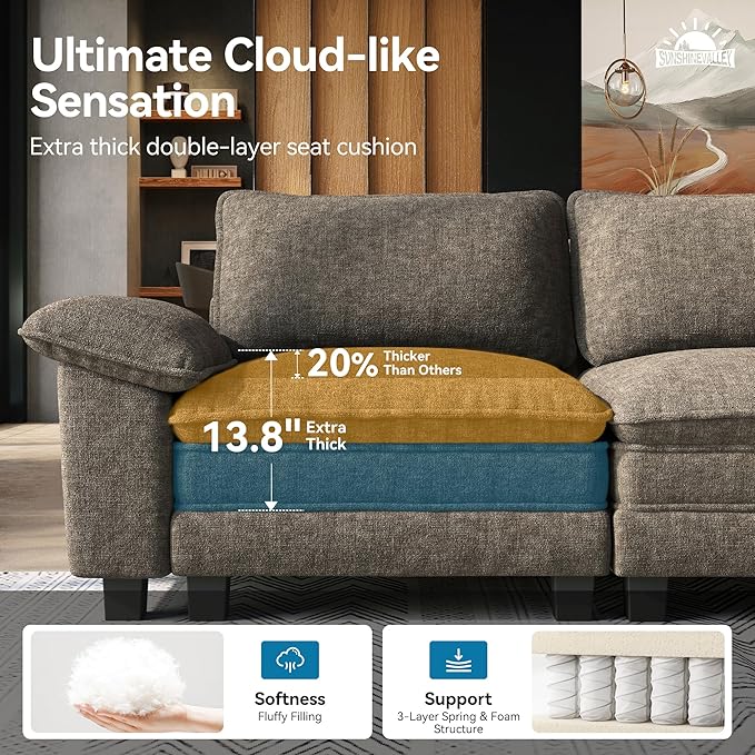 3 Piece Living Room Sofa Furniture Set, Chenille 2 Comfy Cloud Chairs and 3-Seat Modular Couch with Pillow, Oversized 5-Seat Modern Deep Sectional Sofa for Apartment, Smoky Grey