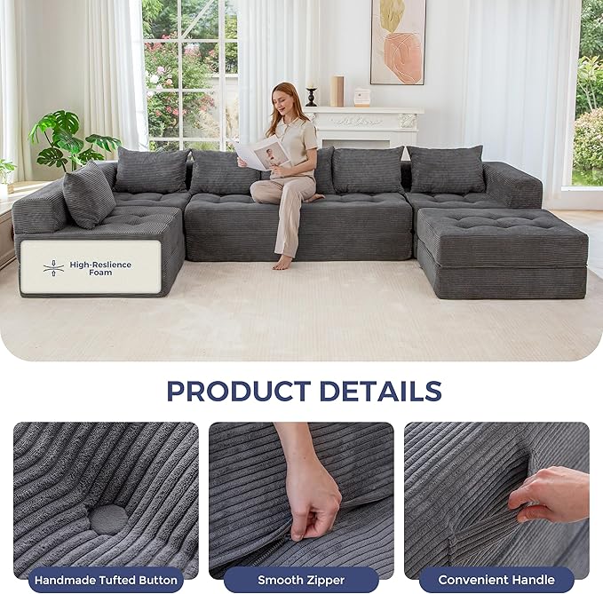 MAXYOYO Modular Sectional Sofa Couch, Foldable U Shaped Cloud Couch with Pillows, Tufted 7-Seat Boneless Sleeper Lounger Floor Sofa Bed for Living Room, No Assembly Required, Dark Grey