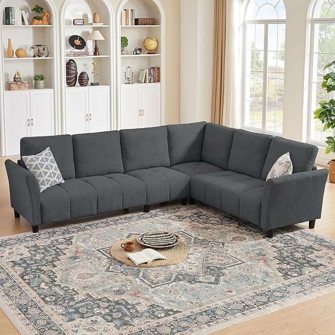 102" Convertible Sectional Sofa Couch, L Shaped Couch with Back Cushions, Modern Upholstered 6-Seat Reversible Sofa Set for Living Room, Apartment, Office, Dark Grey