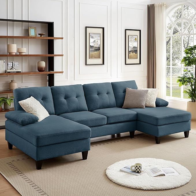 111" Sectional Couch for Living Room, Modern Polyester Fibre U Shaped Sofa Couches with Double Chaise, Upholstered 4 Seater Sofa for Living Room, Apartment, Office, Blue