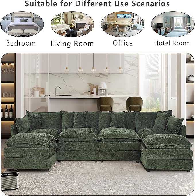 Setawix Deep 4 Seater Couch with Ottomans,147.22" U-Shaped Cloud Couches for Living Room,Chenille Cloud Sofa Couch with Foorest,Modular Sectional U Shape 4 Seat Sofa for Bedroom (Green, 4+2)