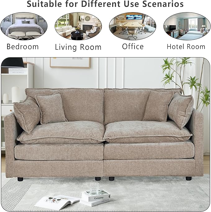 Setawix Chenille Loveseat Sofa Couch with Deep Seat,Large 2 Seater Cloud Couches for Living Room,77.16" Roomy Cloud Sofas,Modular Sectional 2 Seat Sofa with Pillows for Bedroom. (Coffee, 2 Seater)