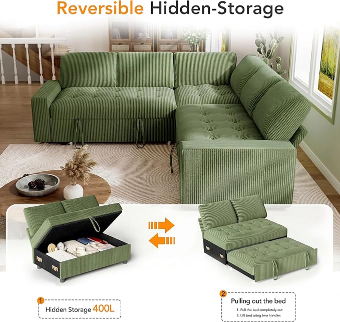Vipbear Pull Out Sofa Bed Sectional Sleeper Sofa with Reclining Backrest & Storage, Plush Pullout Modular Sectional Couches with USB Charging, L Shaped Convertible Couch Bed for Apartment, Green | Breathable material, Tool-Free Assembly