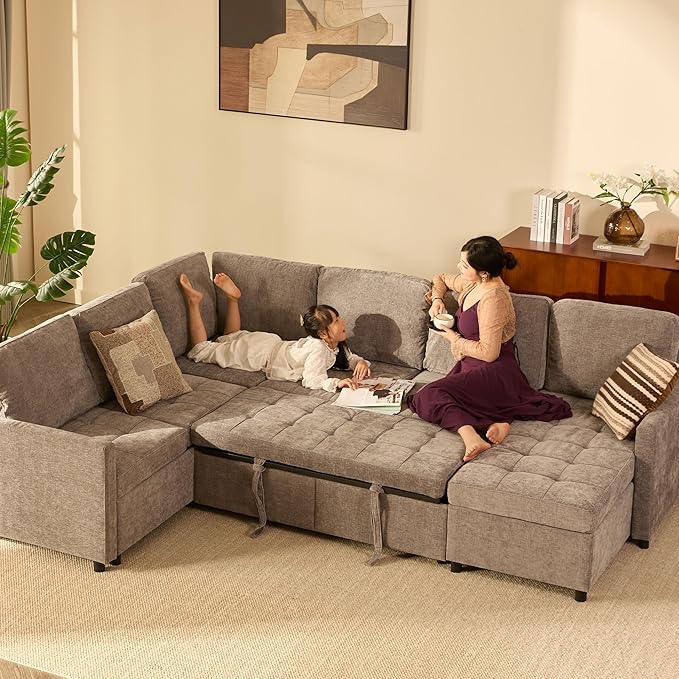 107" Modular Sectional Sleeper Sofa, Set of Modular Pieces with Pull Out Bed, U Shaped Sectional Couch with Storage, Extra Wide&Deep Seat Couches for Living Room, Removable Sofa Cover, Chenille-Slate