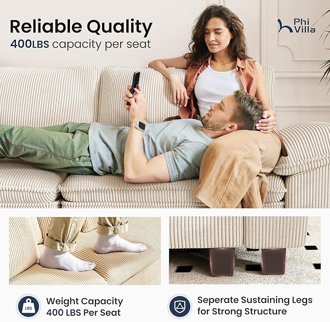 PHI VILLA Modern Modular Couches Sets, 123.6" Cloud Sectional Sofa with Upholstered Deep Seat, 3-Seater Couch for Living Room Small Spaces, Corduroy Fabric, Beige