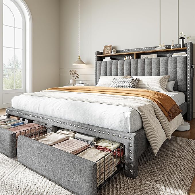 EnHomee Queen Size Bed Frame with 2 Storage Drawers Upholstered Queen Bed Frame with Headboard Solid Wood Slats,No Box Spring Needed,Noise-Free Extra Storage Space for Bedroom Apartment, Grey
