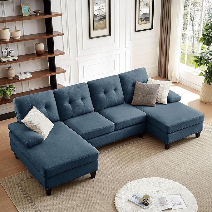 111" Sectional Couch for Living Room, Modern Polyester Fibre U Shaped Sofa Couches with Double Chaise, Upholstered 4 Seater Sofa for Living Room, Apartment, Office, Blue