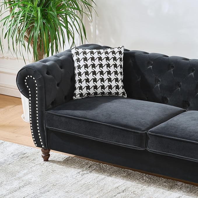Comfortable Straight-Row Sofa with 2 Pillows,87" Refined Velvet 3 Seat Sofa with Roll Armrest & Nailhead,Sturdy Structure Upholstered Couch for Apartment,Office,Reception Area,Black