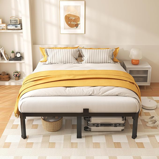 ROIL 18 Inch Full Size Bed Frame with Mattress Slide Stopper - Double Black Basic Anti Squeak Steel Slats Metal Platform, Heavy Duty Noise Free Easy Assembly Bedframes, No Box Spring Needed