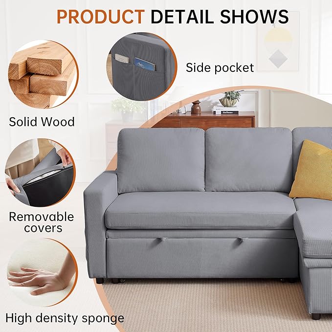 79" Sectional Sofa Couch, L Shaped Sleeper Sofa Bed with Reversible Storage Chaise, Side Pockets, Durable Cushions, Convertible Pull Out Bed Couch for Living Room, Light Grey