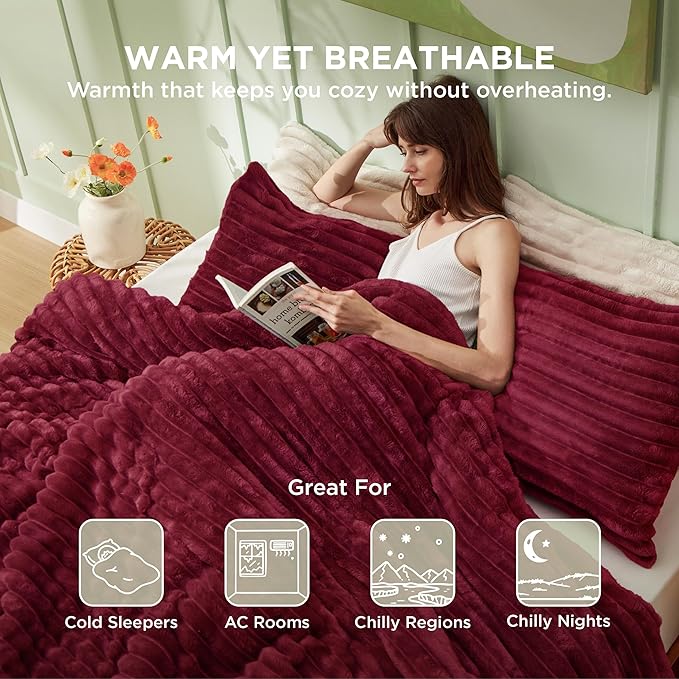 Bedsure King Comforter - GentleSoft™ 3 Pieces Double-Side Fleece Fluffy Dark Red Comforter Set, Cozy Striped Room Decor Aesthetic, Luxury King Size Bedding with 2 Pillowcases, 104x90 Inches