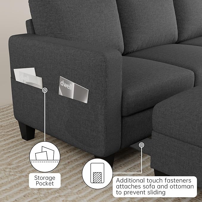 Sectional Sofa and Couches for Living Room, 78'' Dark Grey 3 Seat L-Shaped Couch with Movable Ottoman, Comfy Linen Convertible Sectionals Sofas with Chaise for Apartment, Dorm, Small Space