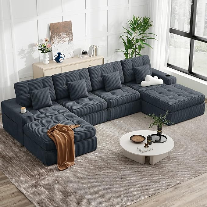 144" U Shaped Cloud Boneless Couch,Modern Modular Sectional Sofa with Layered Cushion,No Assembly Convertible Corduroy Couches for Living Room,Grey 1 PCS