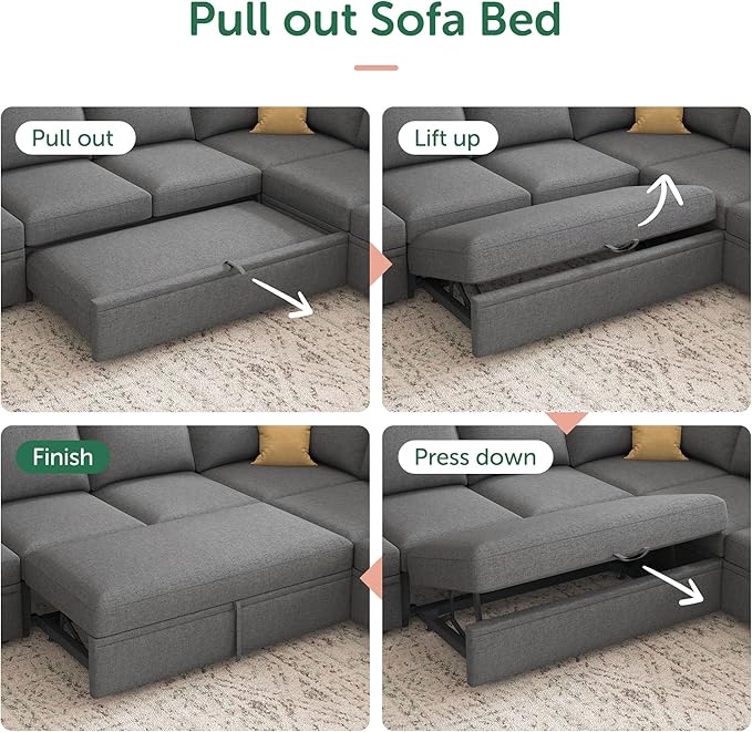 HONBAY Sectional Sleeper Sofa with Pull Out Bed, U Shaped Couch with Storage, Modular Sectional Couches for Living Room, Dark Grey