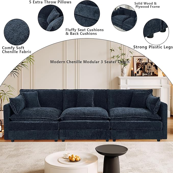 Setawix Chenille Cloud Couches for Living Room,3 Seater Cloud Sofa Couch with Deep Seat,112.2" Roomy Cloud Sofas,Modular Sectional 3 Seat Sofa with Pillows for Bedroom (Blue, 3 Seater)
