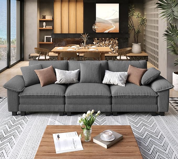 3 Seat Modular Sofa, 123.6'' Oversized Modern Corduroy Sectional Couch with Removable Armrest and Pillow, Upholstered Cloud Deep Seat Sofa for Living Room, Grey