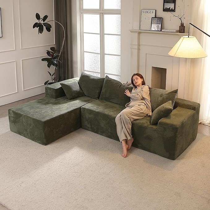 Green 103“ Sectional Couches for Living Room, Boneless Couch with L-Shape Chaise, Modular Sofa in Box with Deep Seat, No Assembly Required