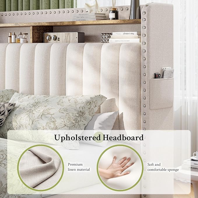 EnHomee King Size Bed Frame with 2 Storage Drawers & Upholstered Headboard,No Box Spring Needed, Easy Assembly, Noise Free, Beige