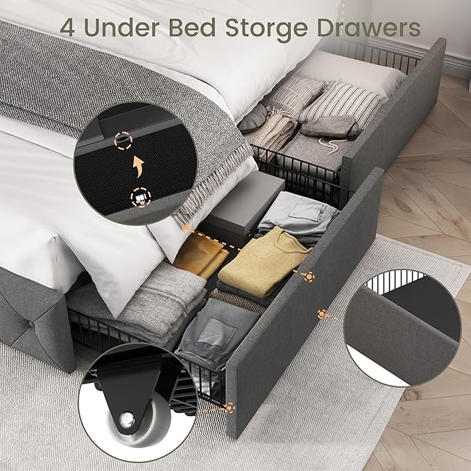 LARMACE Full Size Bed Frame with 4 Storage Drawers and 47.2" Tall Wingback Headboard Linen Upholstered Platform Bed Frame Tufted Beds with Wooden Slats Support, Easy Assembly, Light Grey