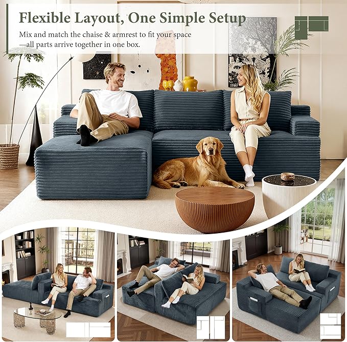 96" Sectional Couches for Living Room Cloud Couch Sofa with L-Shape Upholstered Boneless Couchs Modern Modular Sectional Couch with Chaise (Dark Grey, 96" W+Left Facing Chaise+2Seaters)