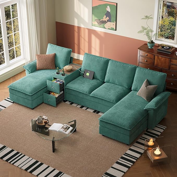 LINSY HOME Modular Sectional Couches, 115" U Shaped Cloud Sofa with Versatile Console, Chenille 4-Seat Sofa Set for Living Room, Apartment, Office, Green