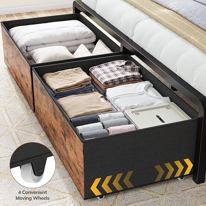 Homkdom Queen Size Bed Frame with 8 Fabric Storage Drawers, LED Lights & Charging Station, Metal Platform Bed Frame with Headboard Storage,No-Noise,Easy Assembly,Modern Brown