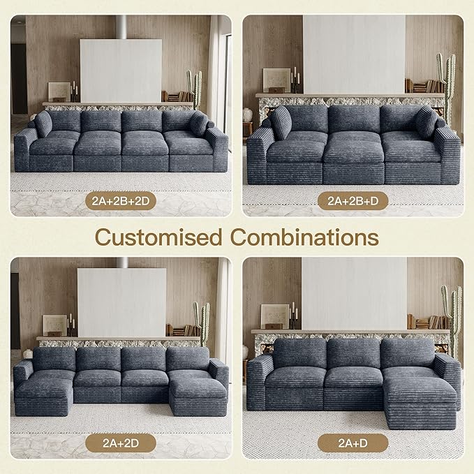Belffin Boneless Modular Cloud Sectional Couch with Deep Seat Plush Corduroy 3-Seater Boneless U Shaped Couch with Ottoman No Assembly Required. Grey Sofa