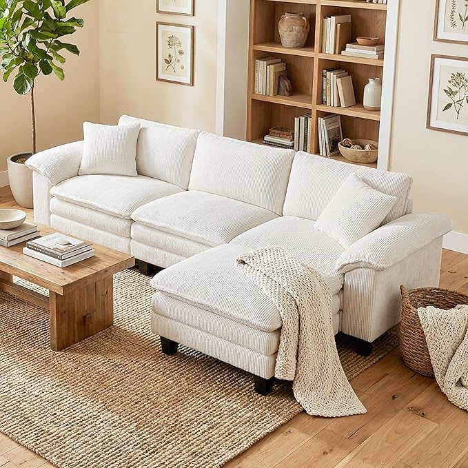 HOMCOM Modular Sectional Sofa Couch 124" Oversized L Shape Sectional Cloud Couch with Deep Seat, Movable Ottoman and Pillow-top Armrests for Living Room, Bedroom and Apartment, Beige | Deep seat
