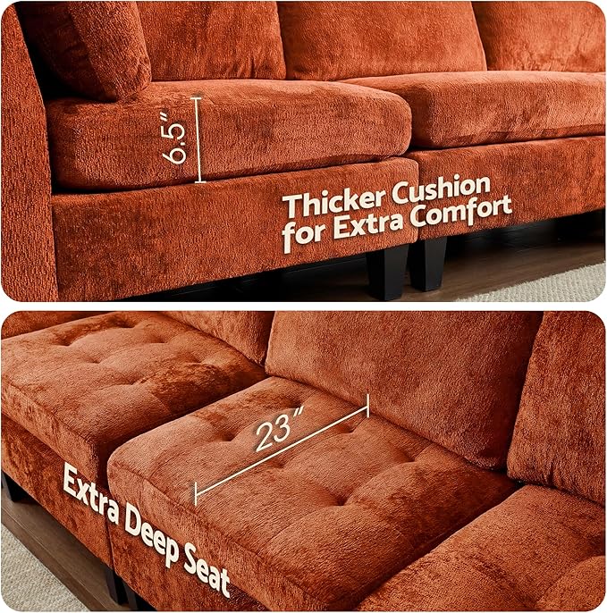Luxe Oversized Modular Sectional Sofa Set，Modern Chenille Comfy Sectional Cloud Couch for Living Room (6-Seater + 2 * Ottoman + Tea Tray, Orange)