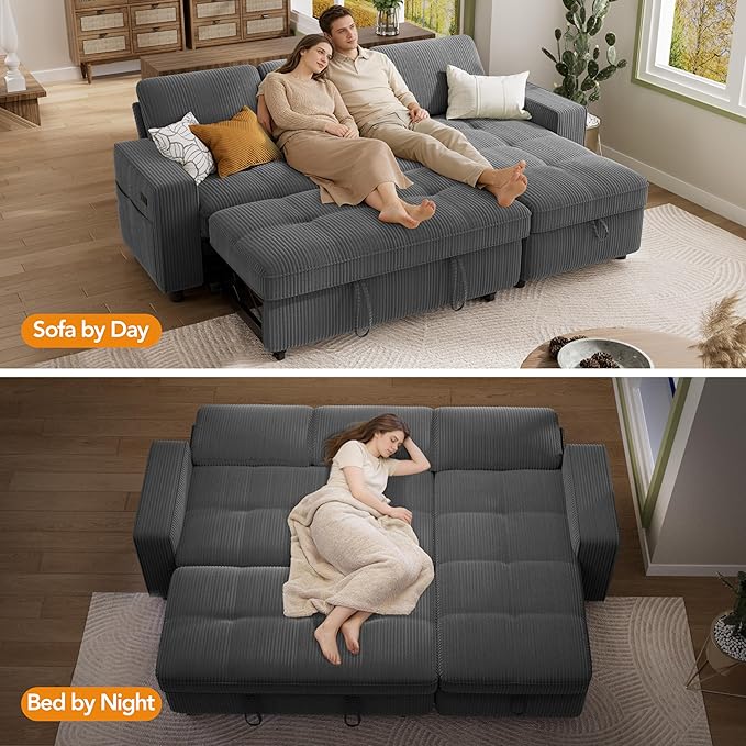 Vipbear Sectional Sleeper Couch with Pull Out Sofa Bed, L Shaped Plush Corduroy Couch with Reclining Backrest & Storage & USB Charging, Convertible Cloud Sectional Sofa Bed for Living Room, Grey | Breathable material, Tool-Free Assembly, Reclining Back...
