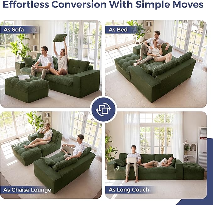 MAXYOYO 104" L Shaped Modular Sectional Sofa with Ottoman, Cloud Boneless Couch with Layered Cushion, Upholstered Sofa in a Box, Flexible Module Combination for Living Room, No Assembly, Dark Green