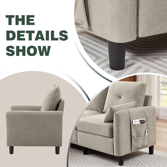 Convertible Sectional Sofa, 77" Small L Shaped 3 Seat Couch with Reversible Storage Chaise, and Accent Chair Set Modern Polyester Fabric Sofa Couches for Living Room, Apartment, Beige